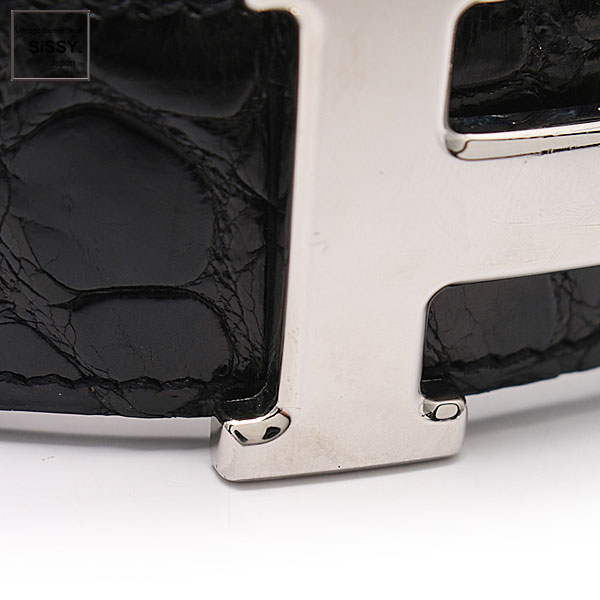 ■エルメス■ コンスタンス Hベルト クロコダイルポロサス ブラック シルバー金具 □B刻印 【HERMES】