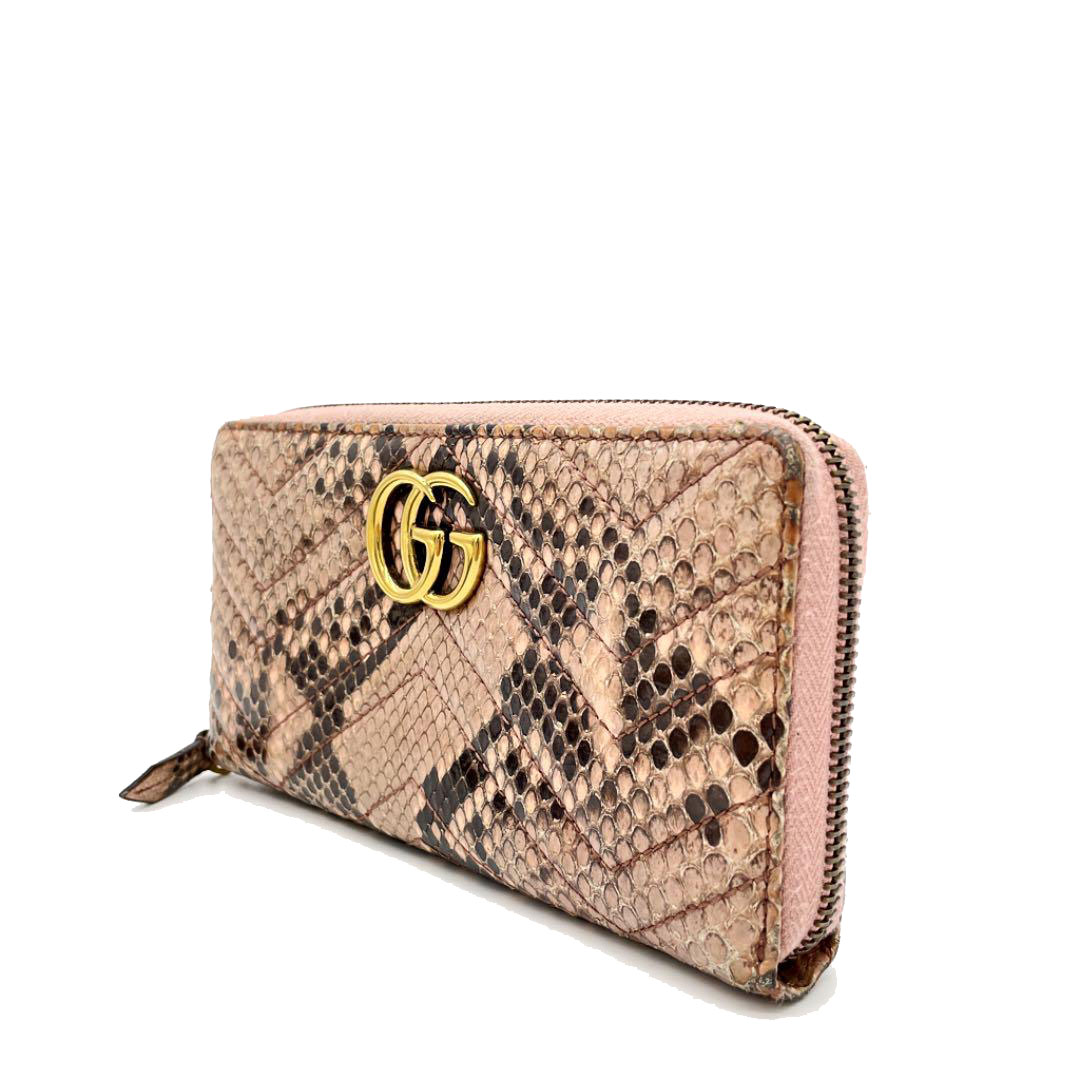 GUCCI グッチ ラウンドファスナー 長財布 GGマーモント パイソン ピンク ブラウン系