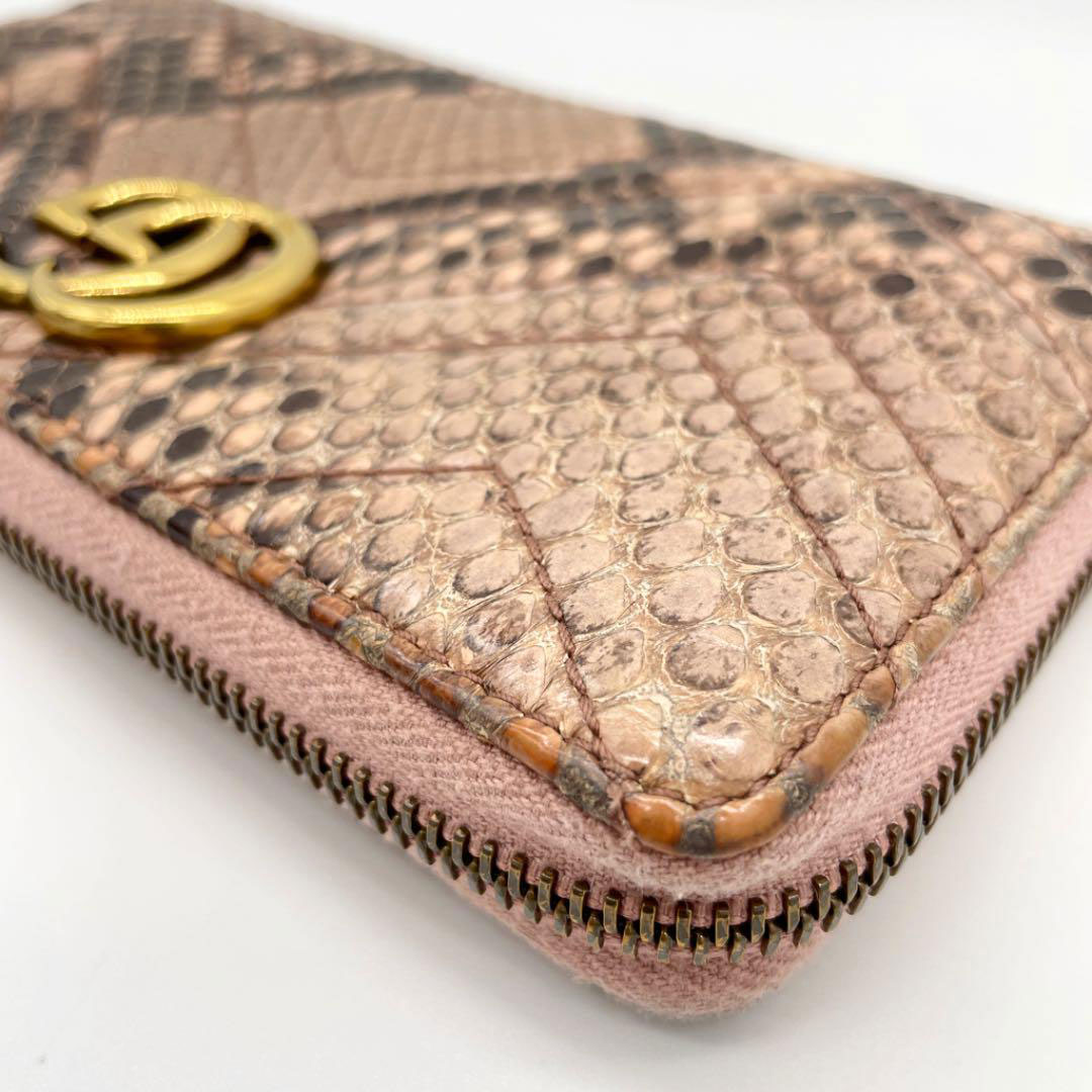 GUCCI グッチ ラウンドファスナー 長財布 GGマーモント パイソン ピンク ブラウン系
