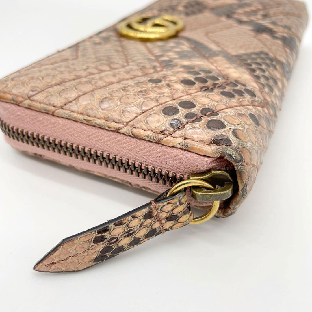 GUCCI グッチ ラウンドファスナー 長財布 GGマーモント パイソン ピンク ブラウン系