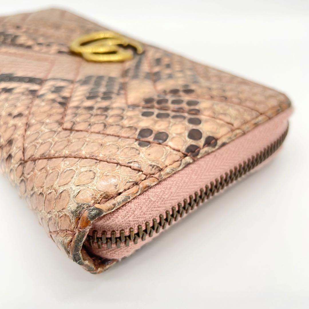 GUCCI グッチ ラウンドファスナー 長財布 GGマーモント パイソン ピンク ブラウン系