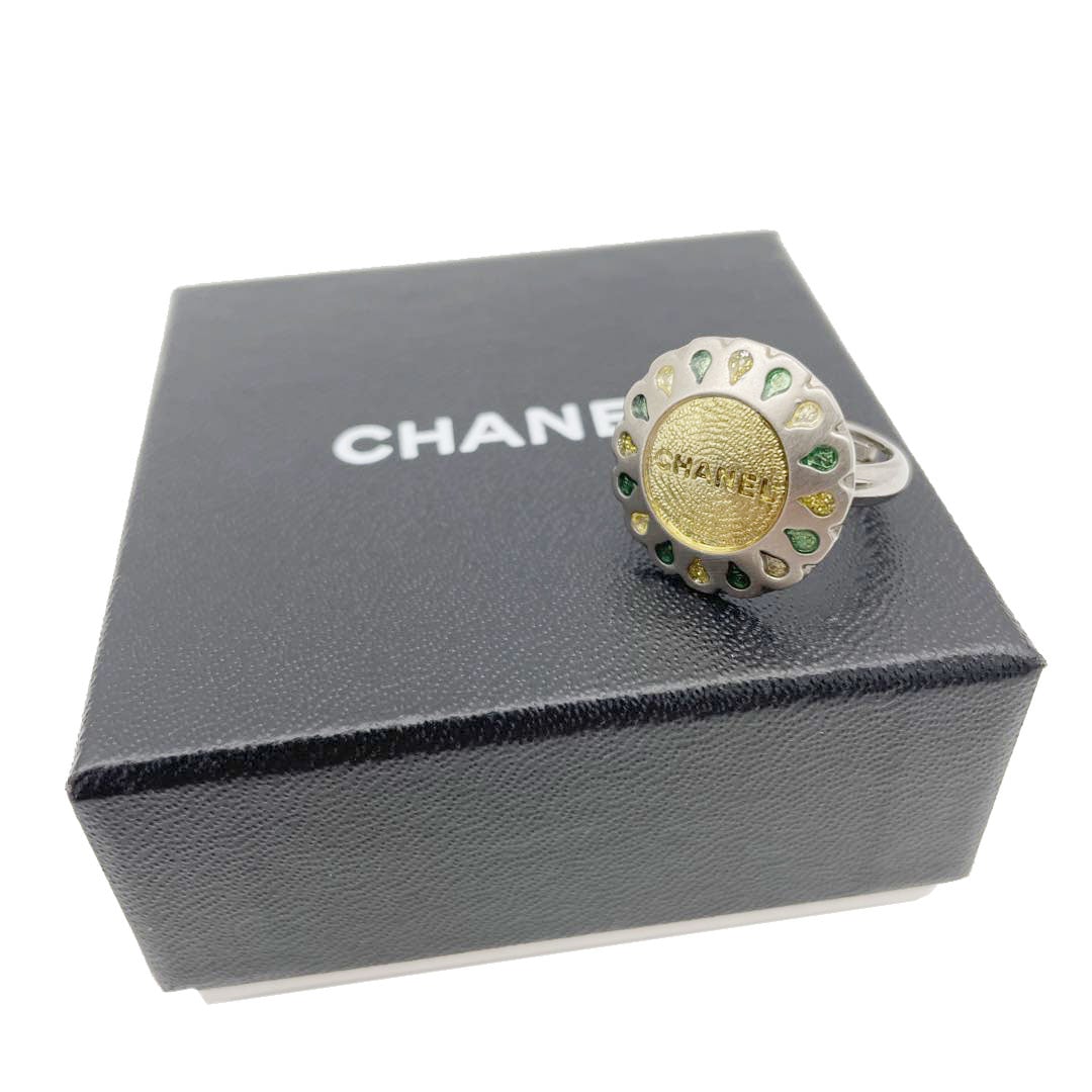 CHANEL シャネル ロゴラウンドリング 指輪 カラーストーン 99A シルバー ゴールド グリーン 約11号