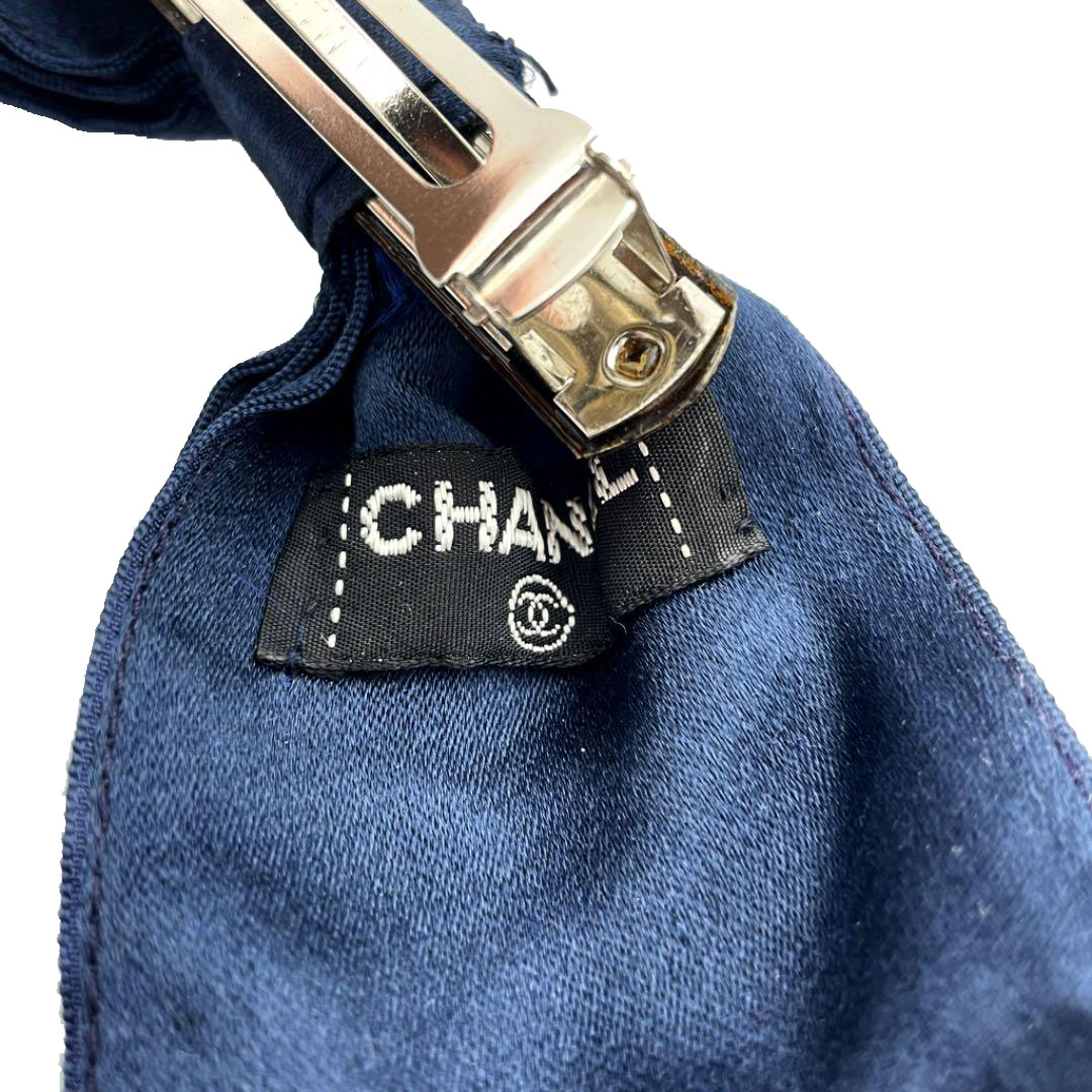 CHANEL シャネル リボンバレッタ シルクサテン ネイビー 針金入り
