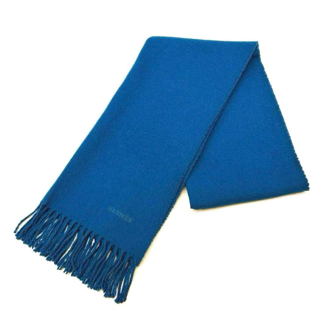 HERMES エルメス マフラー レクトヴェルソ ロゴ刺繍 カシミヤ100% ブルー系 スコットランド製