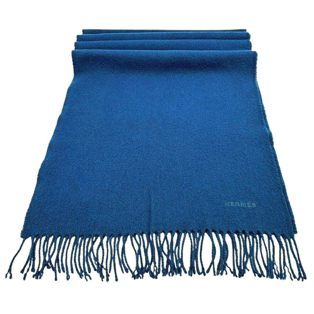 HERMES エルメス マフラー レクトヴェルソ ロゴ刺繍 カシミヤ100% ブルー系 スコットランド製