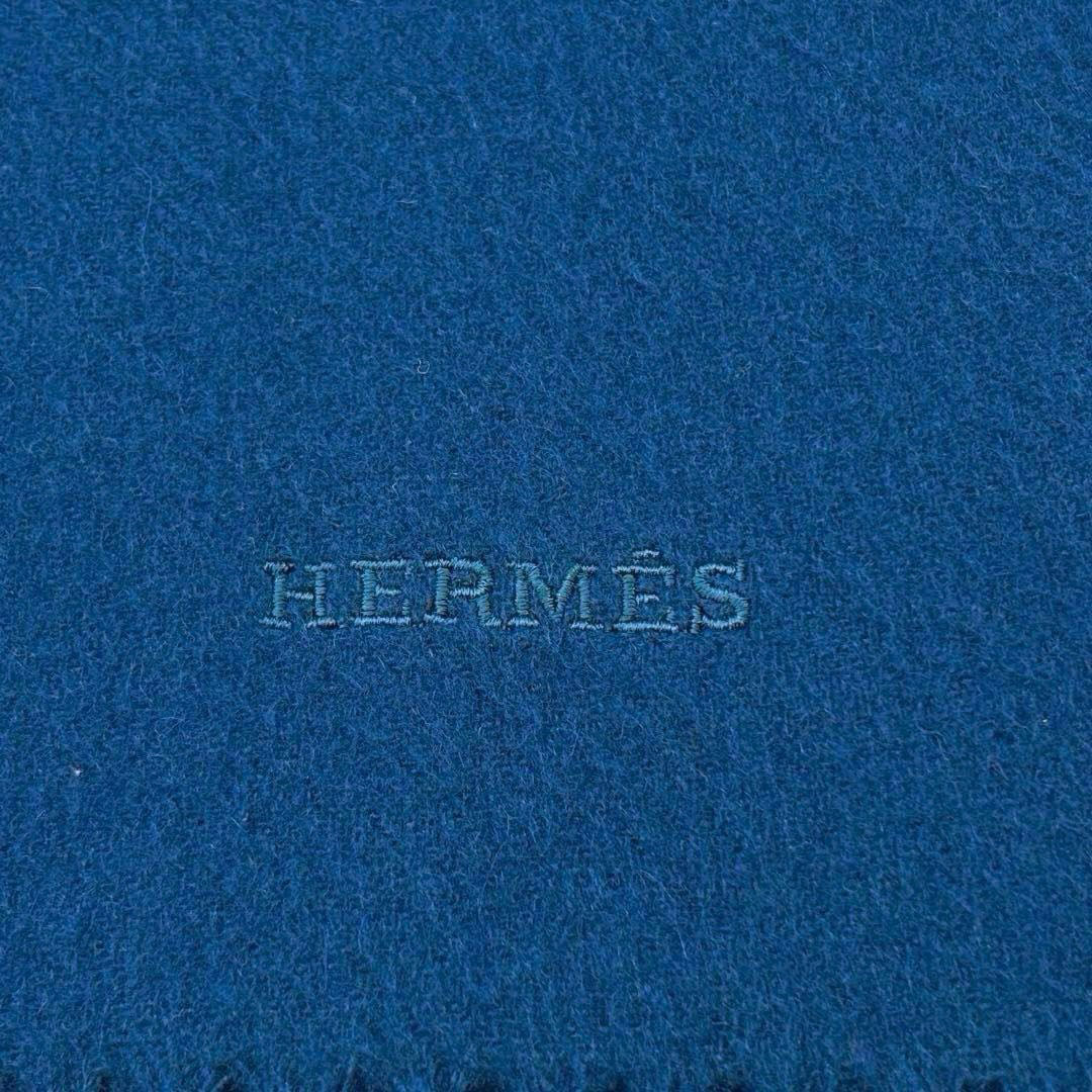 HERMES エルメス マフラー レクトヴェルソ ロゴ刺繍 カシミヤ100% ブルー系 スコットランド製