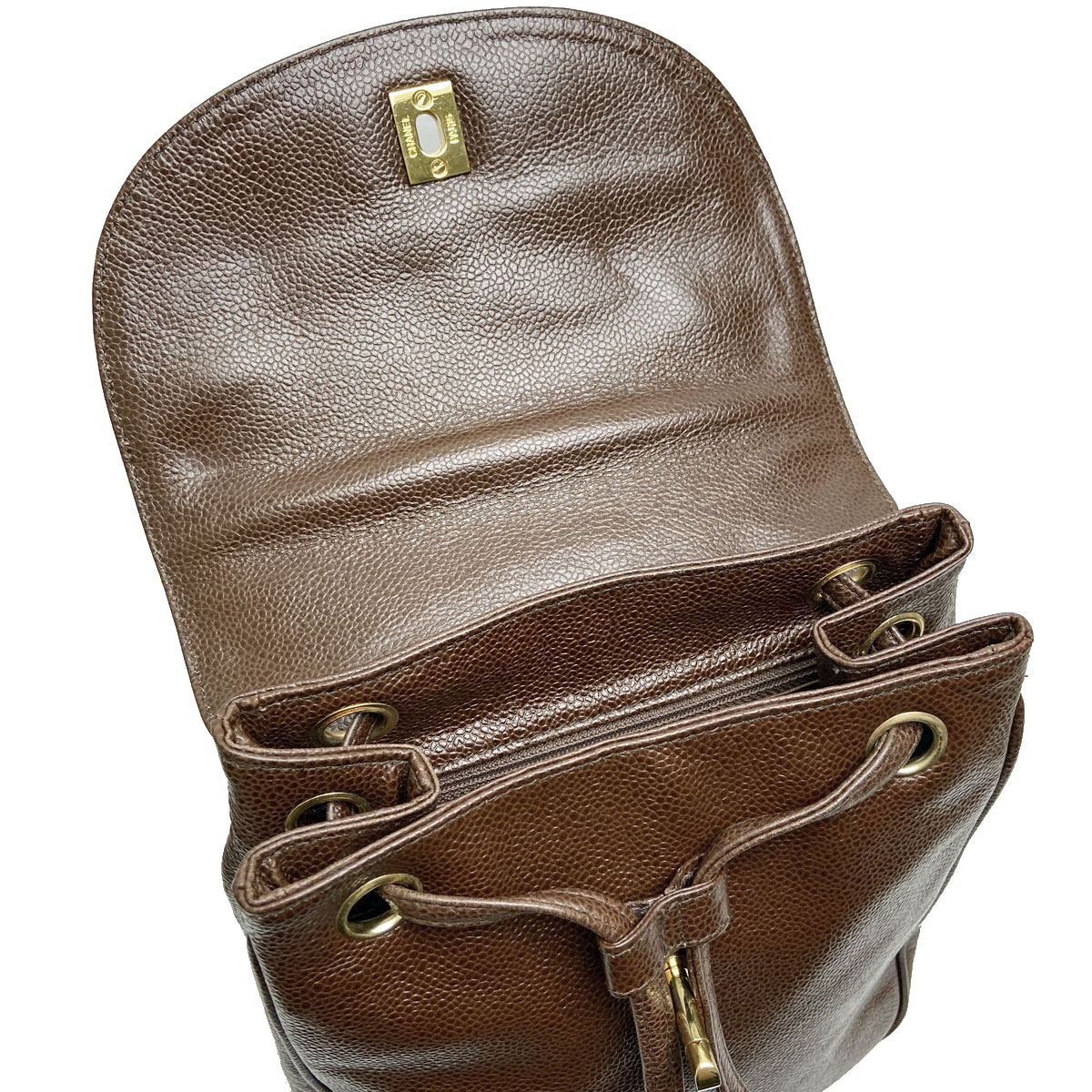 CHANEL シャネル キャビアスキンリュックサック ブラウン/ゴールド金具 3番台(1995年頃製造)