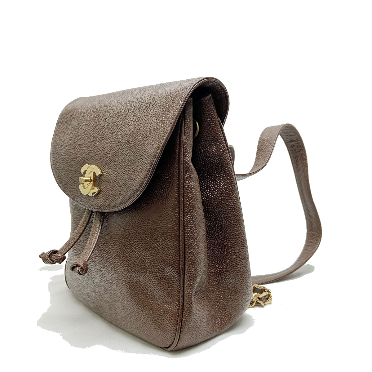 CHANEL シャネル キャビアスキンリュックサック ブラウン/ゴールド金具 3番台(1995年頃製造)