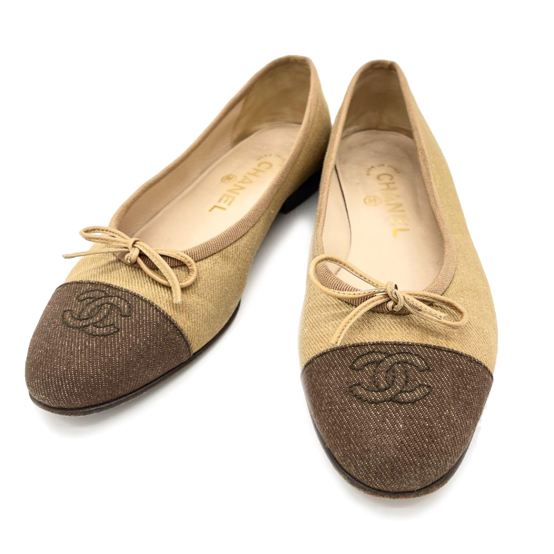 CHANEL シャネル フラットシューズ ココマーク キャンバス ベージュ ブラウン 36 1/2(約23.5cm)