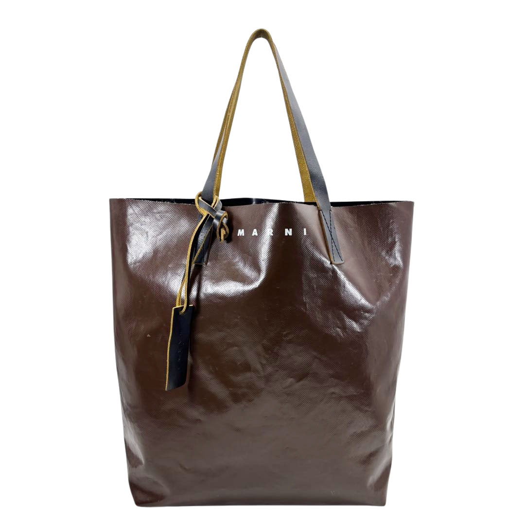 MARNI マルニ トートバッグ TRIBECA バイカラー ロゴ PVC/レザー ブラウン/ブラック