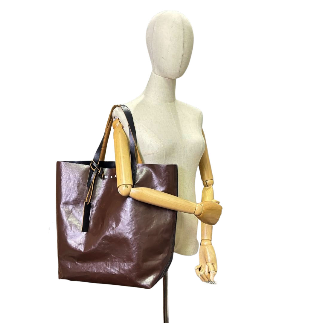 MARNI マルニ トートバッグ TRIBECA バイカラー ロゴ PVC/レザー ブラウン/ブラック
