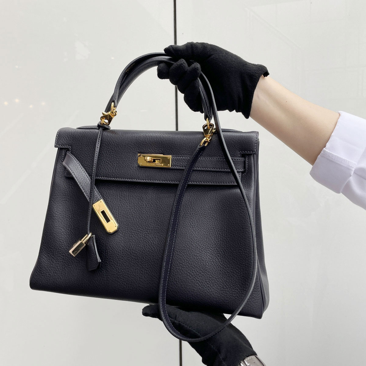 HERMES エルメス ハンドバッグ ケリー32 内縫いトゴ ダークネイビー系 ゴールド金具 □A刻印