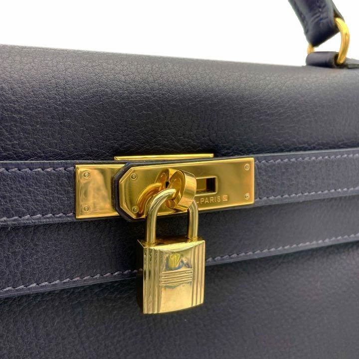 HERMES エルメス ハンドバッグ ケリー32 内縫いトゴ ダークネイビー系 ゴールド金具 □A刻印