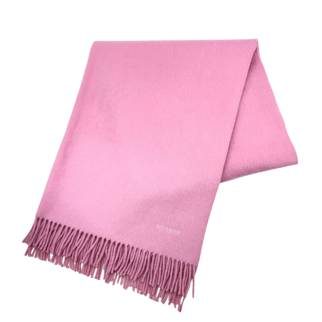 HERMES エルメス ショール ストール マフラー ロゴ刺繍 無地 カシミヤ ピンク スコットランド製