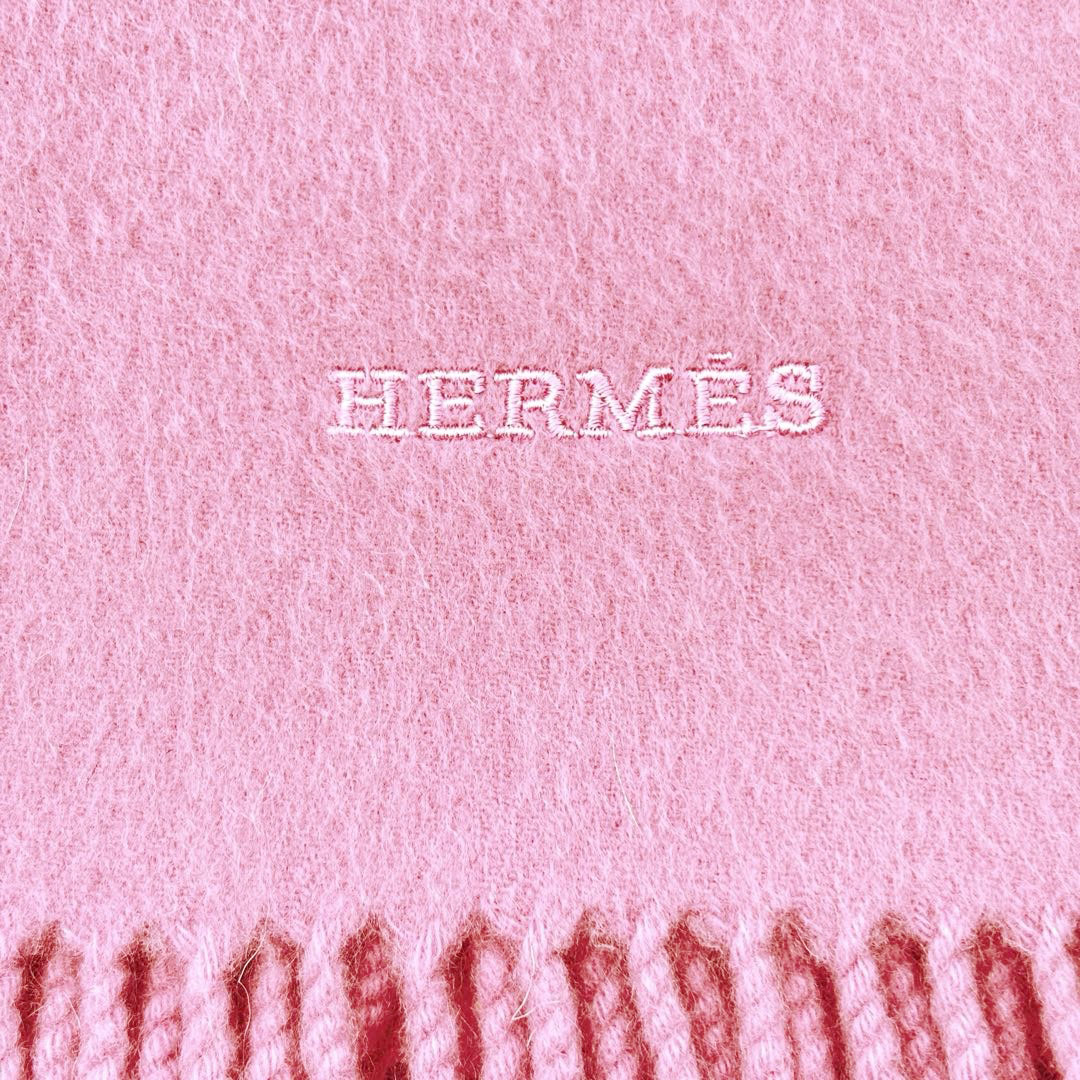 HERMES エルメス ショール ストール マフラー ロゴ刺繍 無地 カシミヤ ピンク スコットランド製