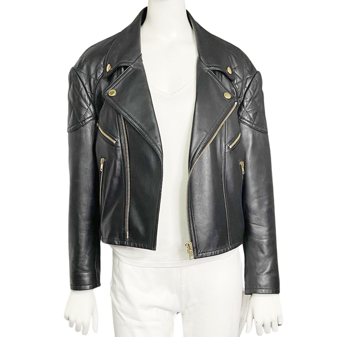 CELINE セリーヌ バイカー ライダースジャケット ラムスキン 34 ブラック ゴールド金具 2021SS 2E886413A