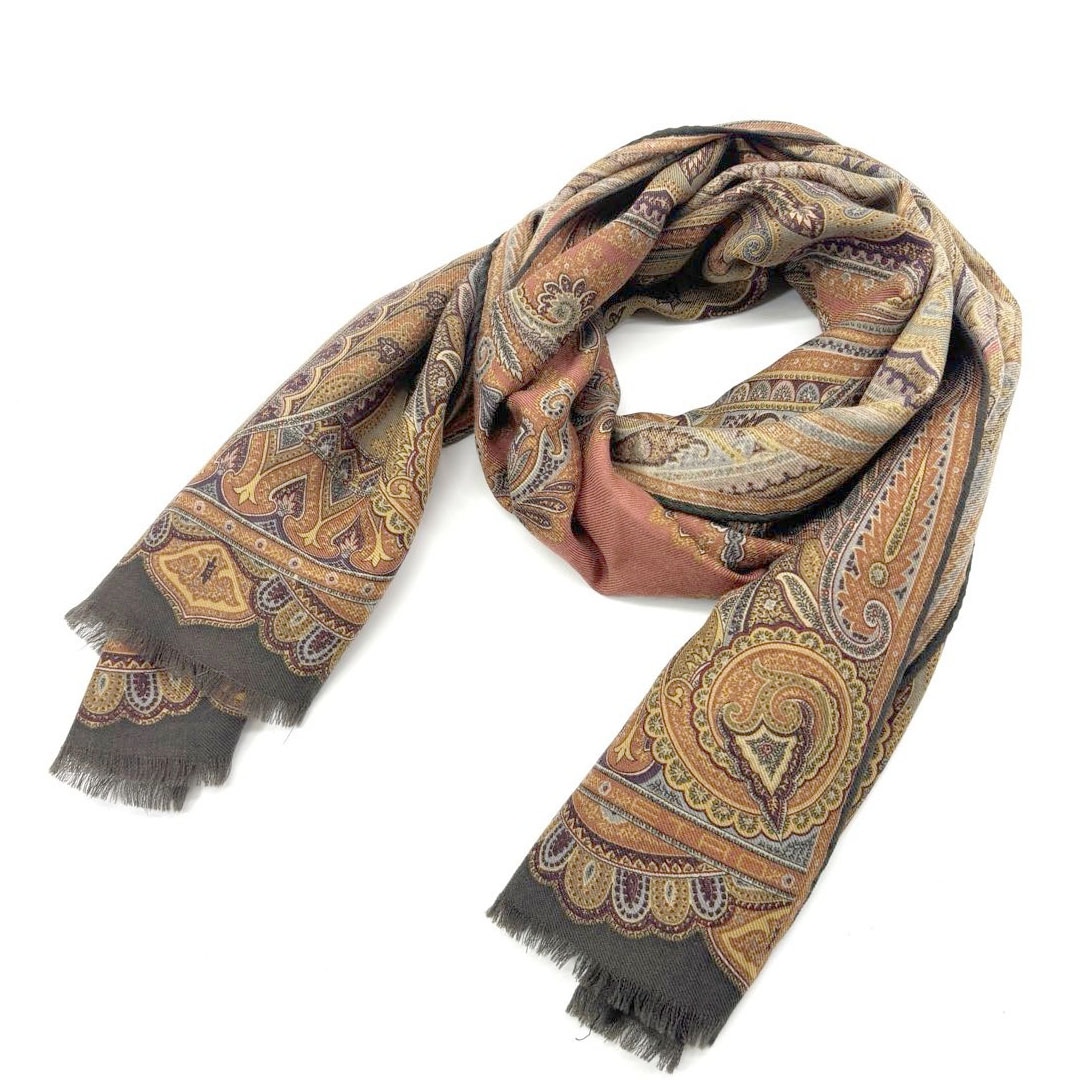 ETRO エトロ ストール ペイズリー柄 ウール70%/シルク30% ブラウン系