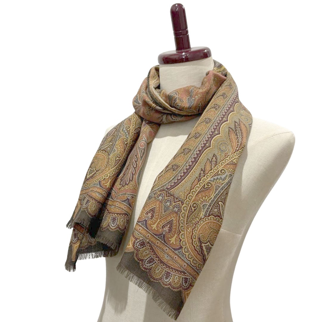 エトロ　ETRO　ストール　ショール　箱付き　ペイズリー　カシミヤ　シルク　小判 ETRO エトロ ストール ペイズリー柄 ウール70%/シルク30% ブラウン系