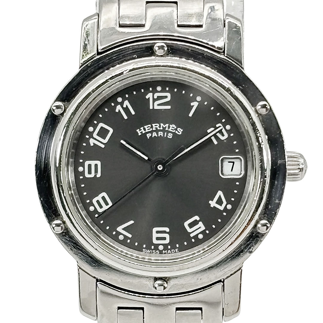 HERMES エルメス レディース腕時計 クリッパー QZ デイト シルバー グレー文字盤 CL4.210