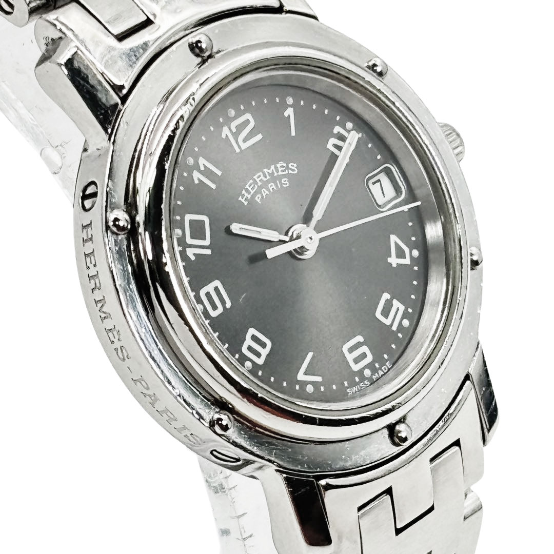 HERMES エルメス レディース腕時計 クリッパー QZ デイト シルバー グレー文字盤 CL4.210