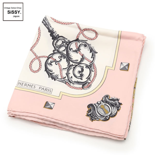 ■エルメス■ カレ90「LES CLES」 スカーフ シルク ピンク アイボリー【HERMES】