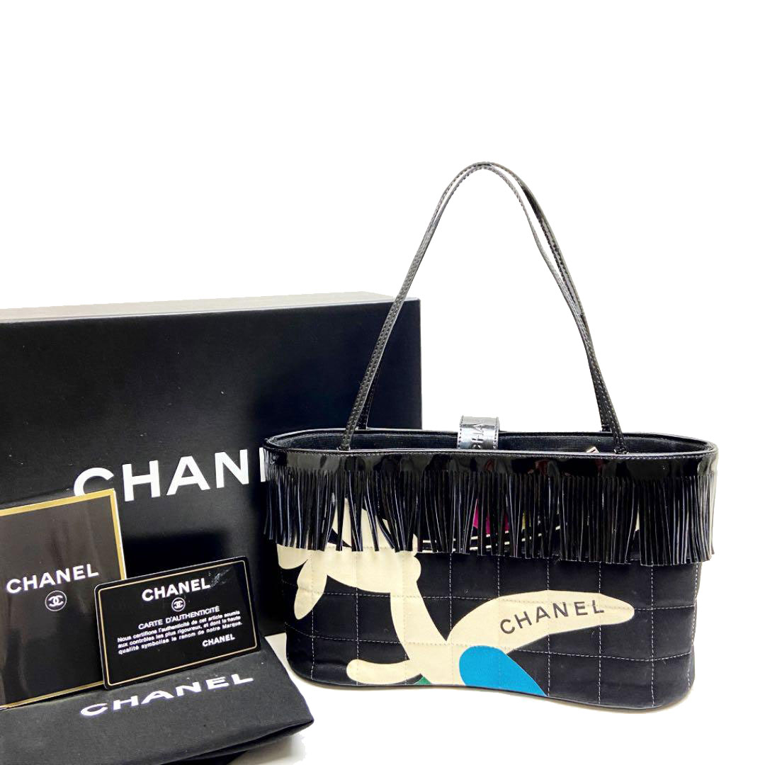 CHANEL シャネル チョコバー ミニトートバッグ フリンジ エナメル キャンバス ブラック マルチカラー 5番台（1998年頃製造）