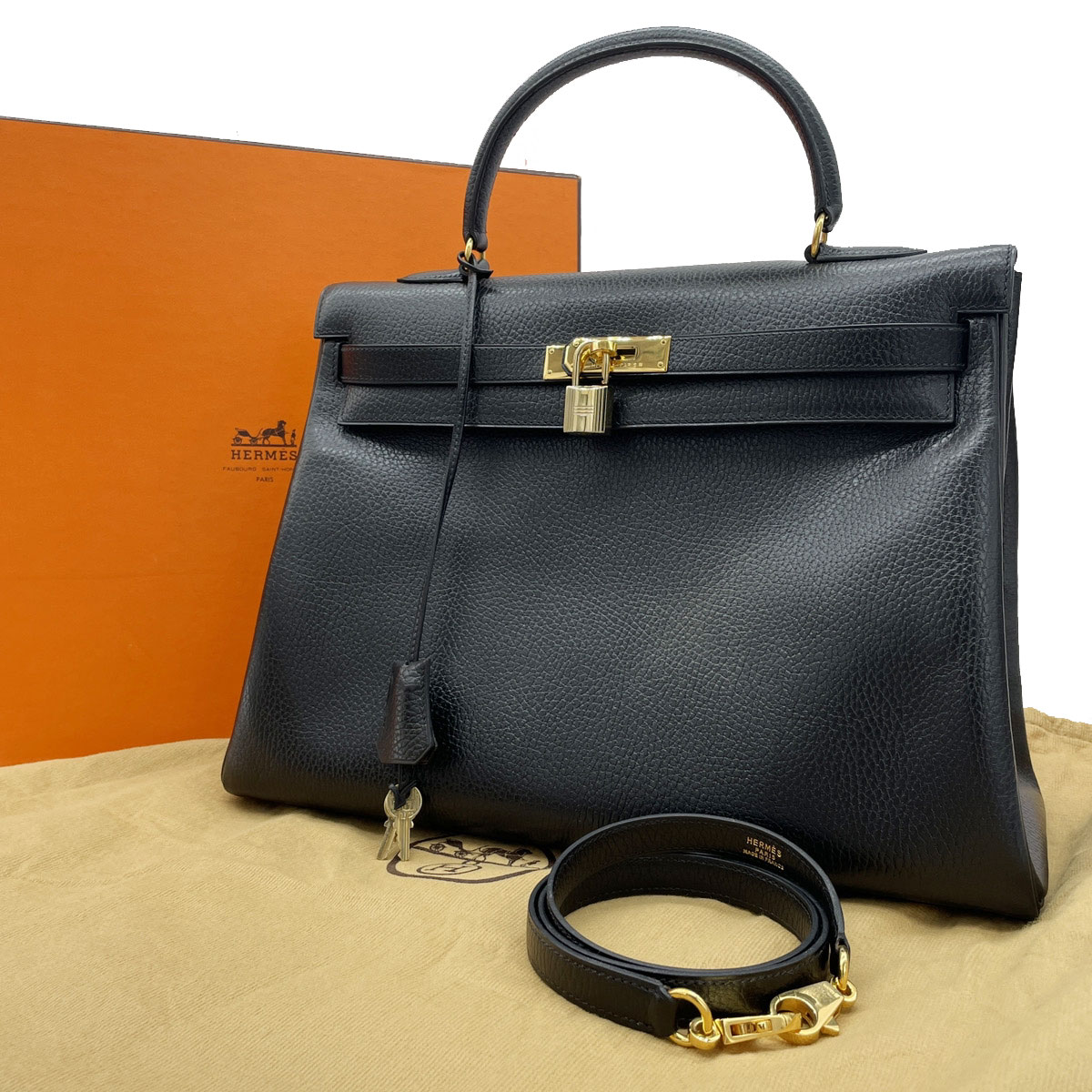 HERMES エルメス ハンドバッグ ケリー35 内縫い アルデンヌ ブラック ゴールド金具 〇V刻印