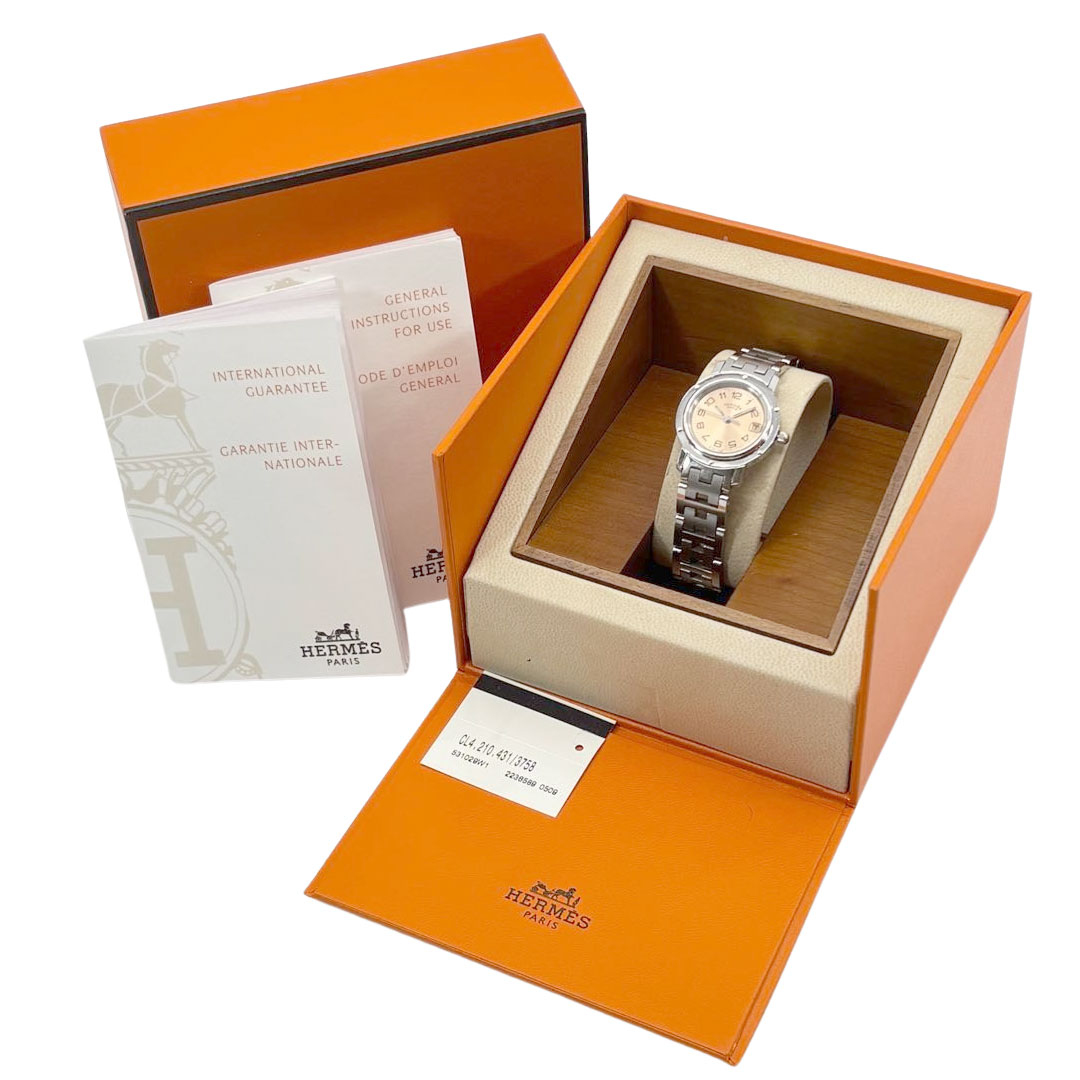 HERMES エルメス レディース腕時計 クリッパー QZ デイト シルバー オレンジ文字盤 CL4.210