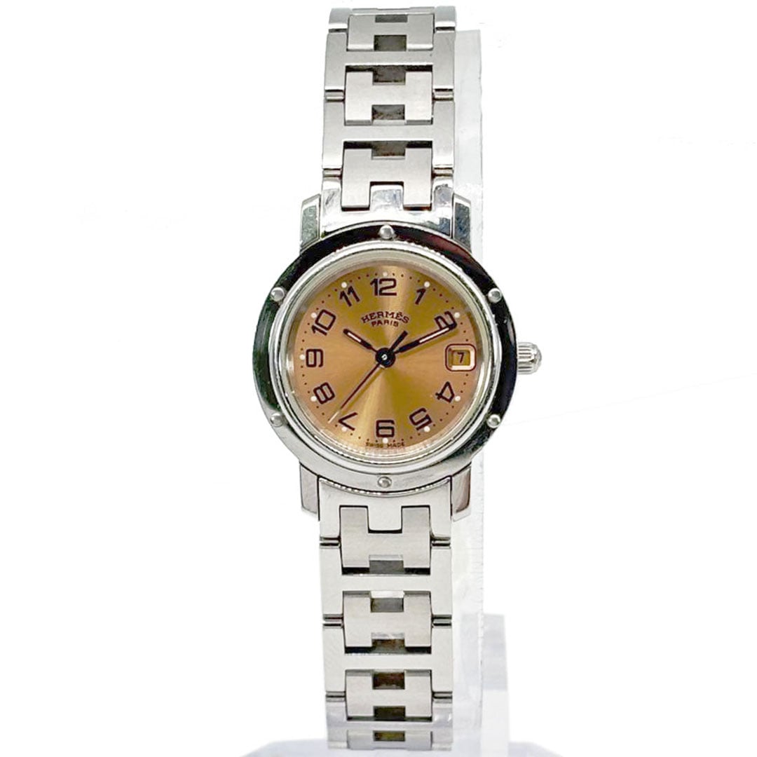 HERMES エルメス レディース腕時計 クリッパー QZ デイト シルバー オレンジ文字盤 CL4.210