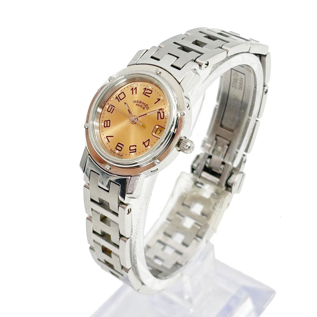 HERMES エルメス レディース腕時計 クリッパー QZ デイト シルバー オレンジ文字盤 CL4.210