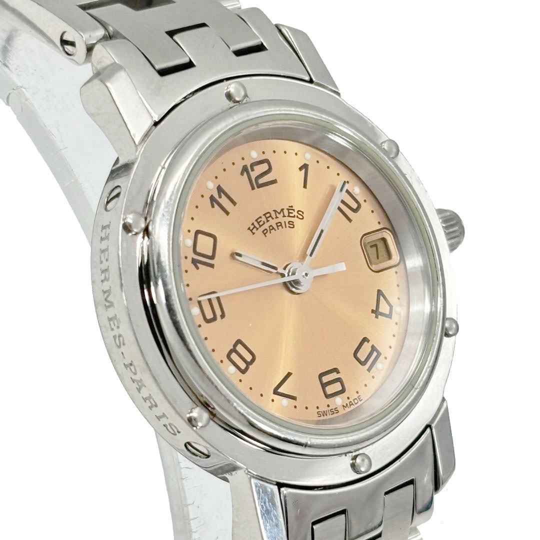 HERMES エルメス レディース腕時計 クリッパー QZ デイト シルバー オレンジ文字盤 CL4.210