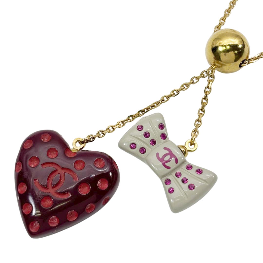 CHANEL シャネル ネックレス ハート&リボン ココマーク 02P ピンク/グレー/ゴールド金具