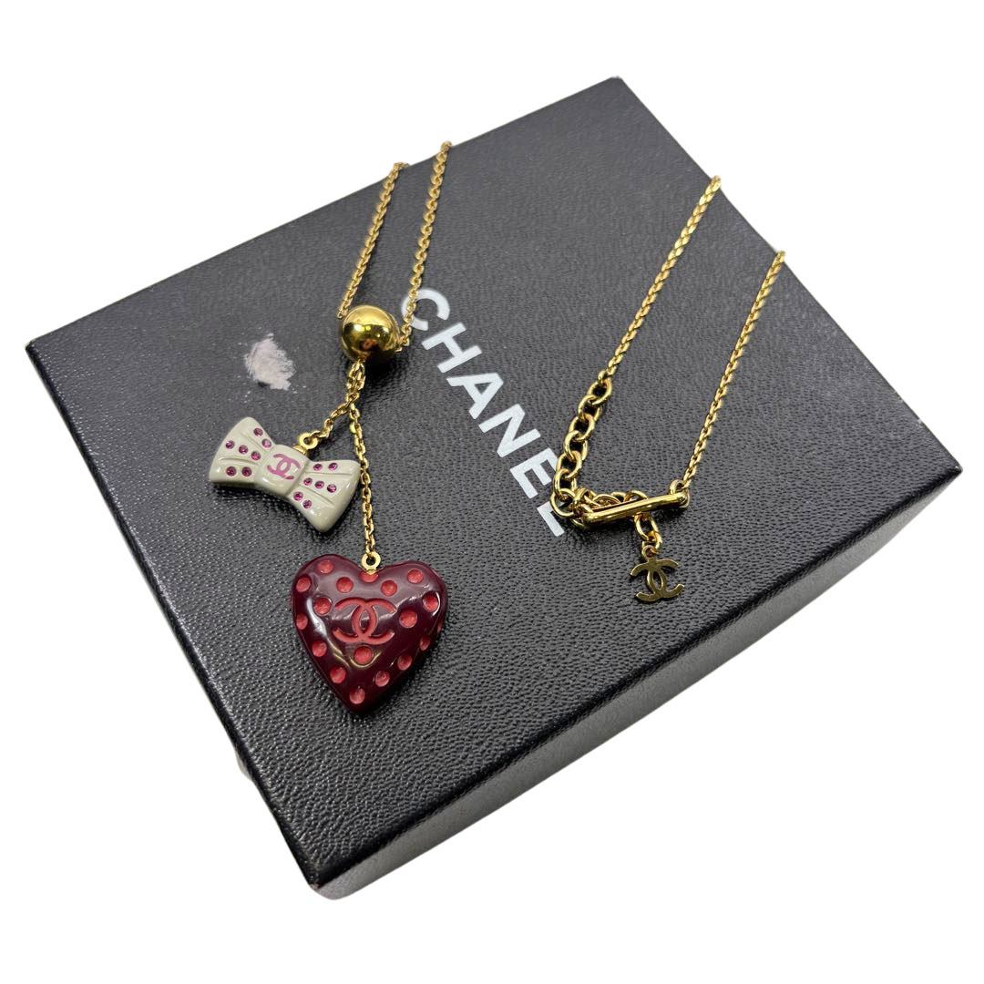 CHANEL シャネル ネックレス ハート&リボン ココマーク 02P ピンク/グレー/ゴールド金具