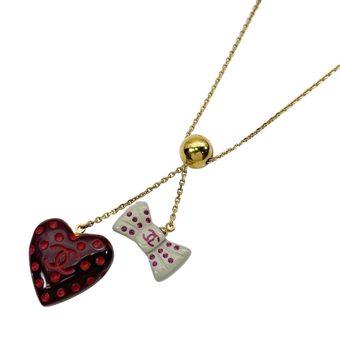 CHANEL シャネル ネックレス ハート&リボン ココマーク 02P ピンク/グレー/ゴールド金具