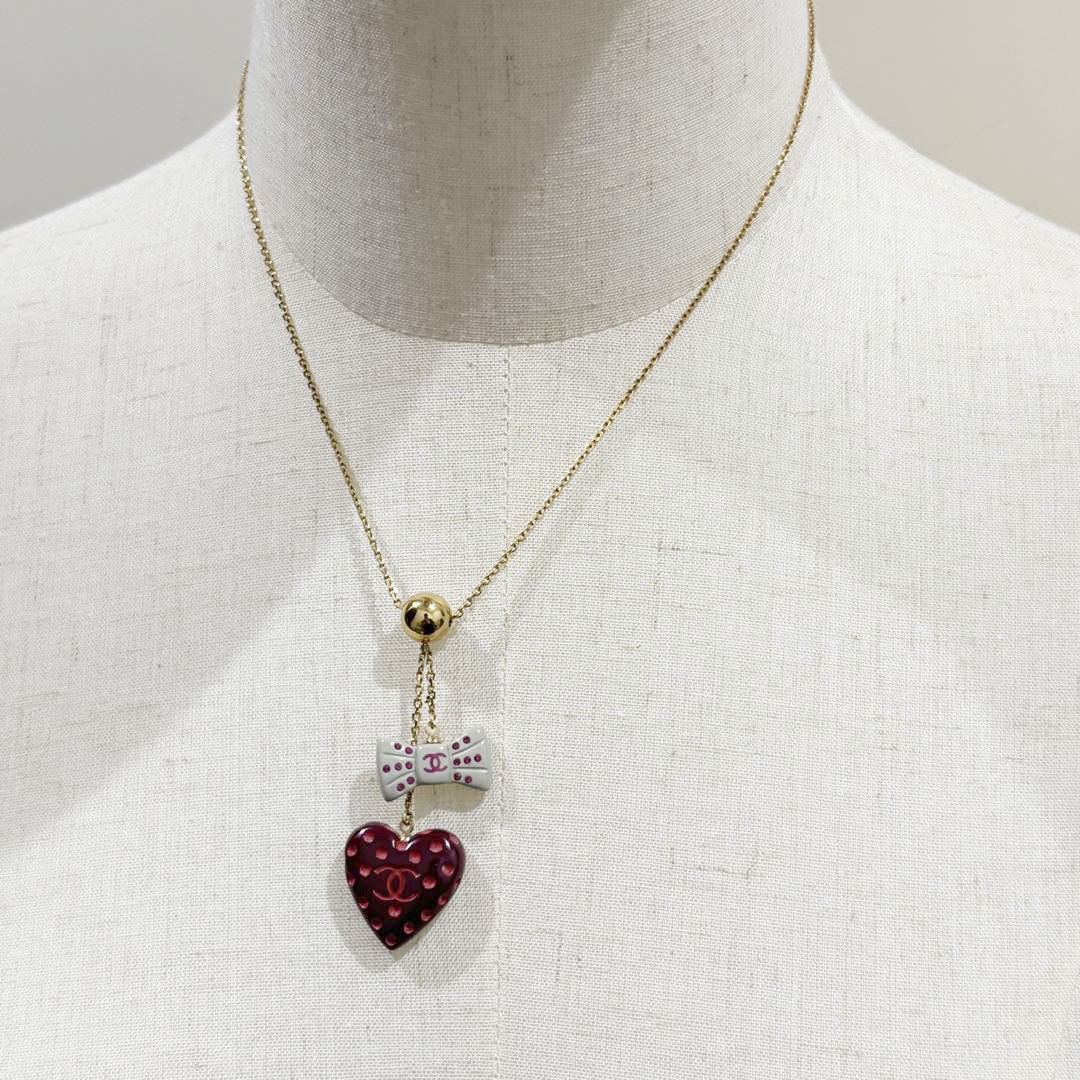 CHANEL シャネル ネックレス ハート&リボン ココマーク 02P ピンク/グレー/ゴールド金具