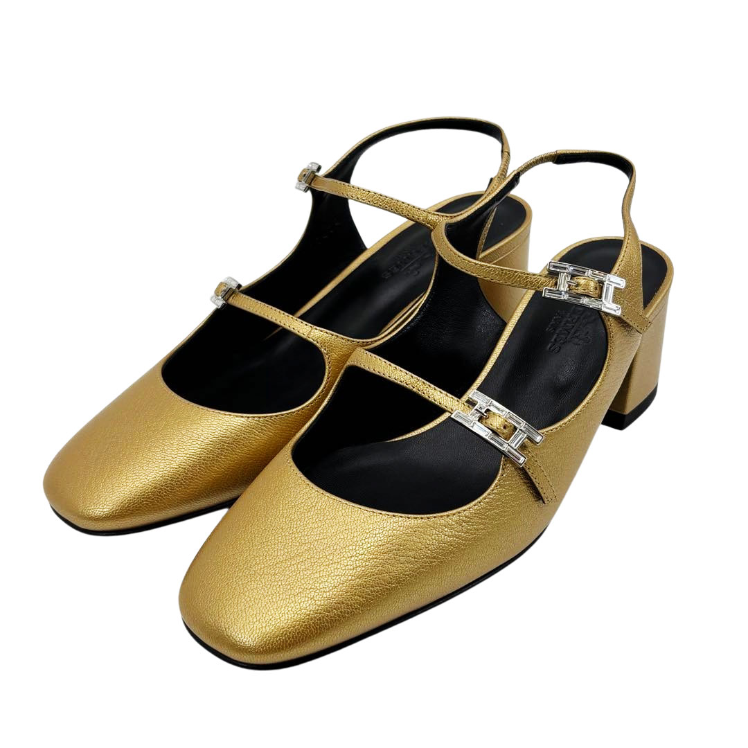 HERMES エルメス ジャッキー 50 パンプス レザー ラインストーン ゴールド 36 1/2(約23.5cm)