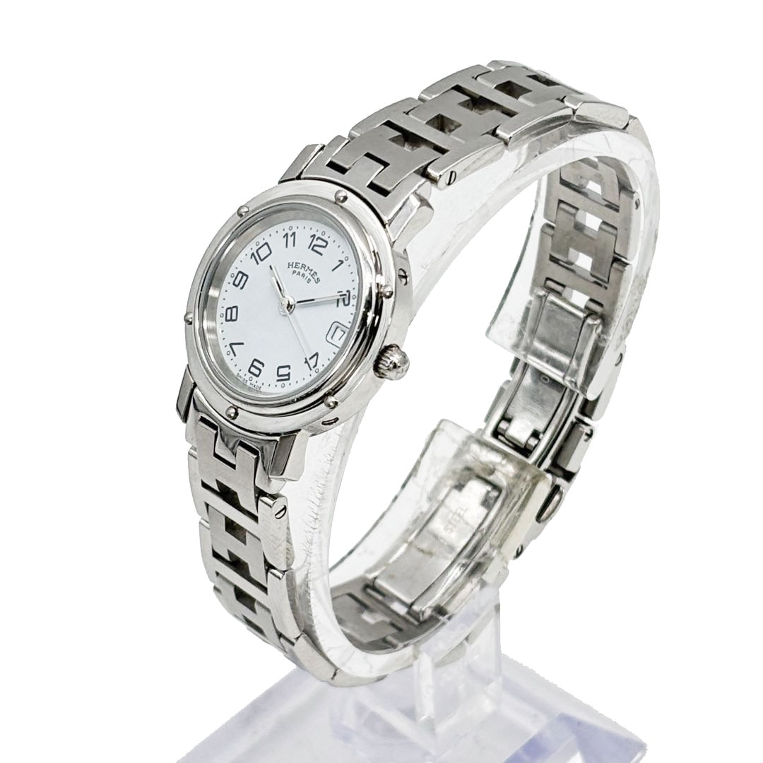 HERMES エルメス レディース腕時計 クリッパー QZ デイト シルバー 白