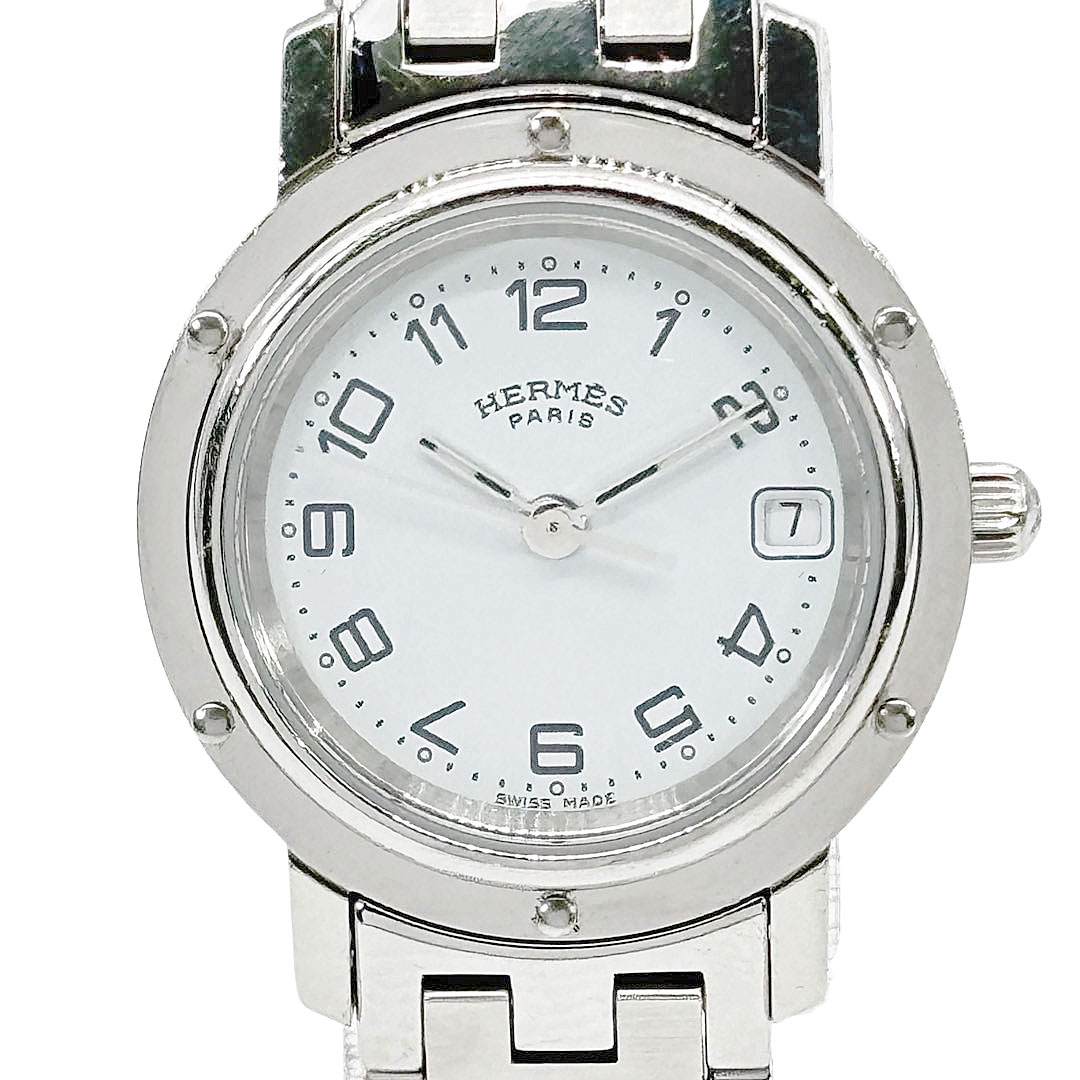 HERMES エルメス レディース腕時計 クリッパー QZ デイト シルバー 白