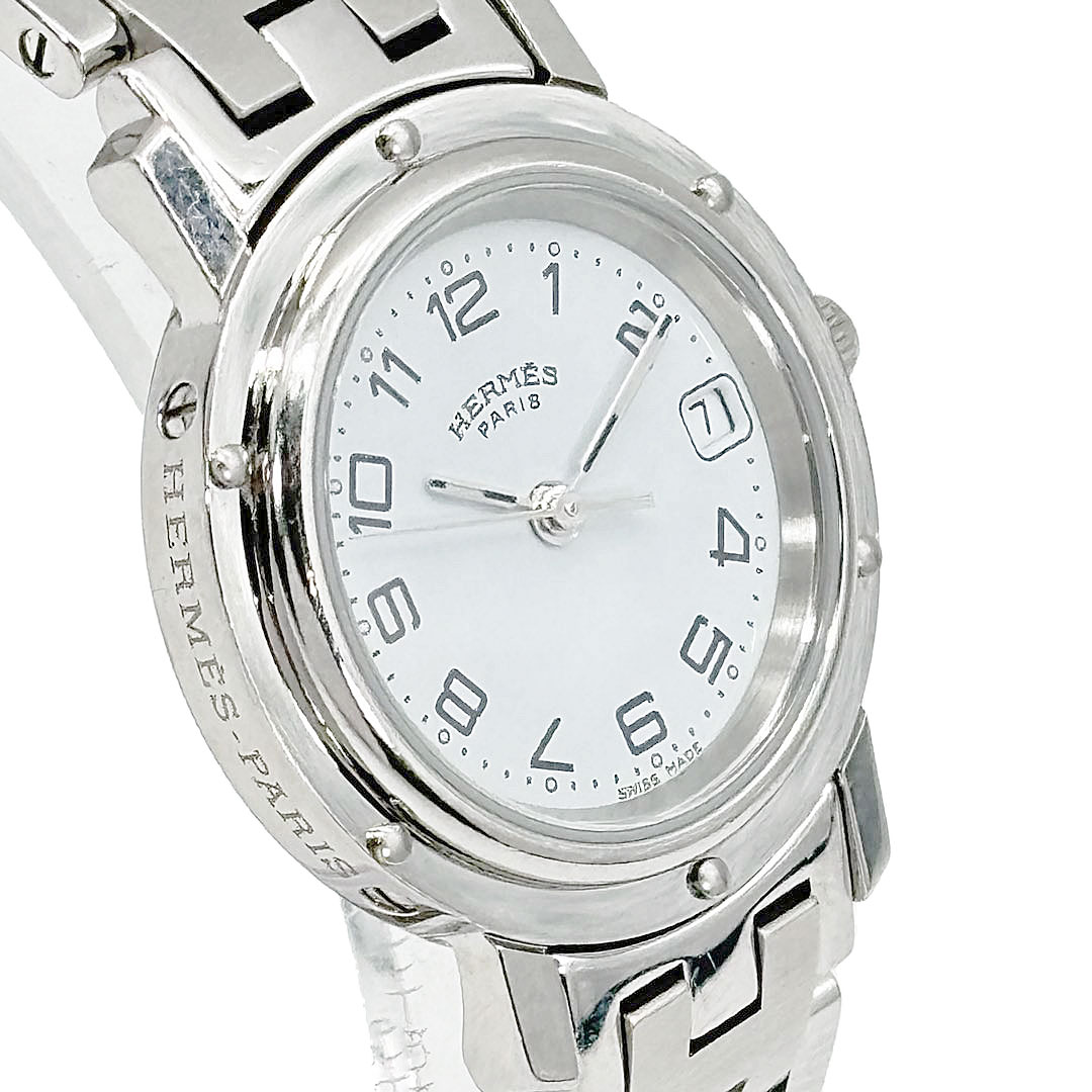HERMES エルメス レディース腕時計 クリッパー QZ デイト シルバー 白
