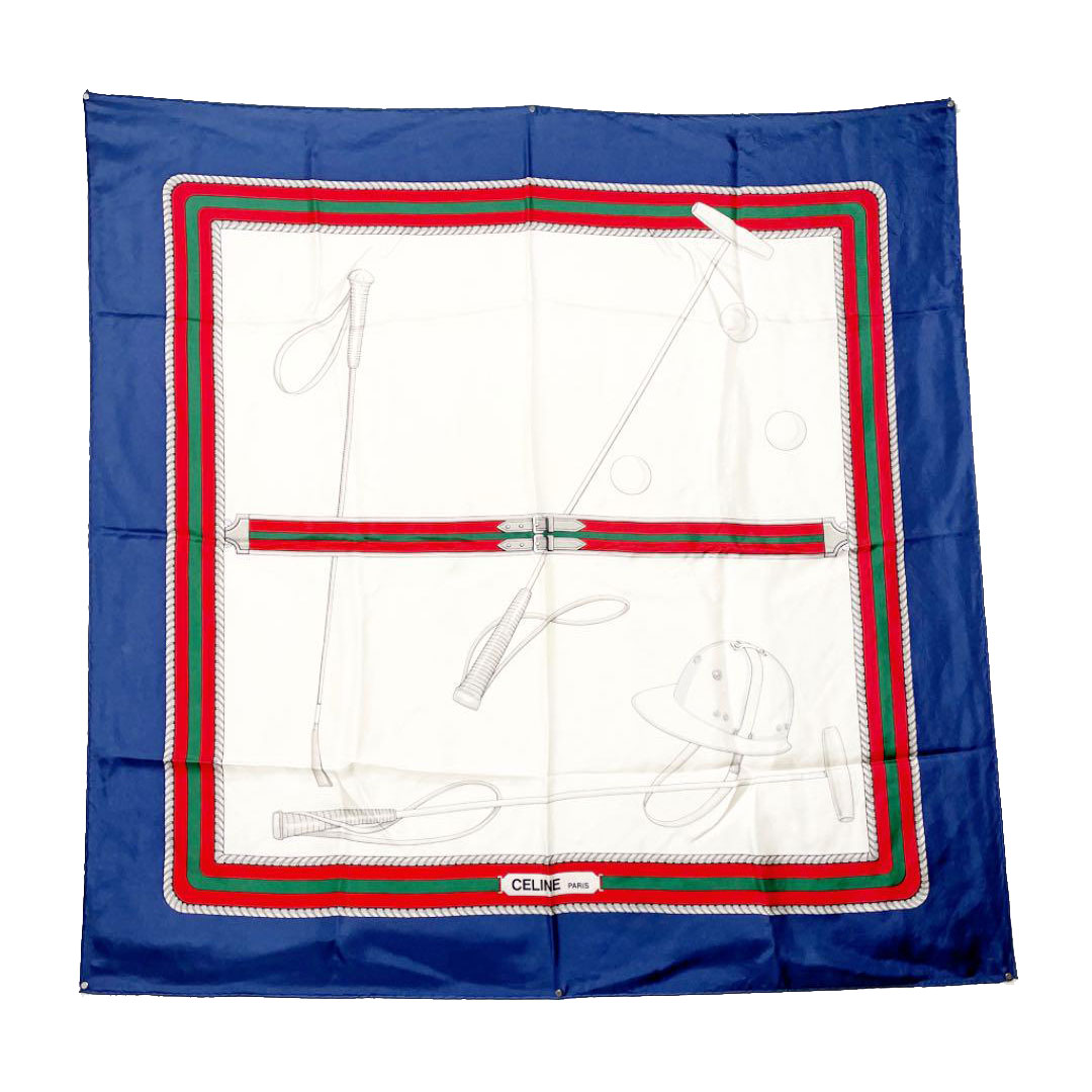 CELINE セリーヌ ヴィンテージスカーフ ポロ柄 シルク ホワイト ブルー