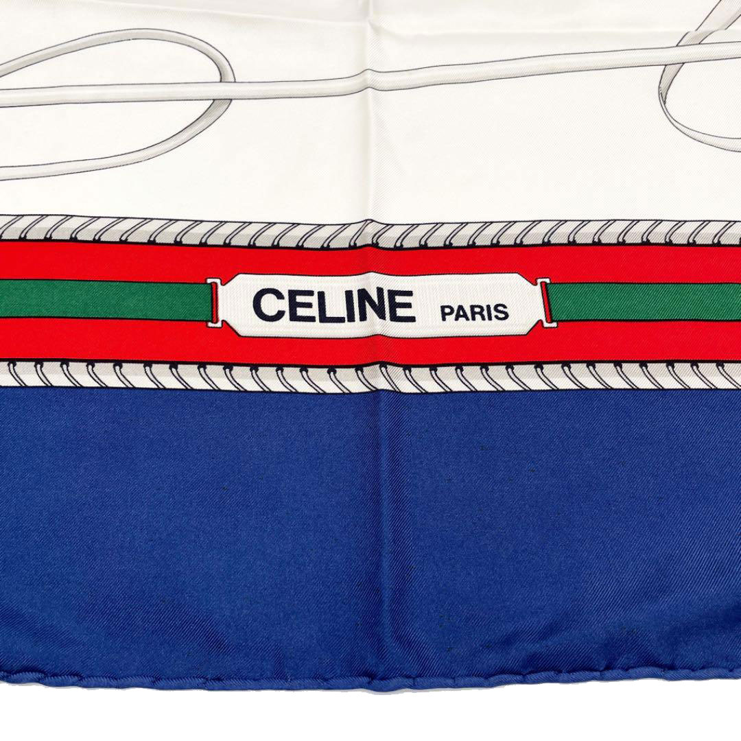 CELINE セリーヌ ヴィンテージスカーフ ポロ柄 シルク ホワイト ブルー