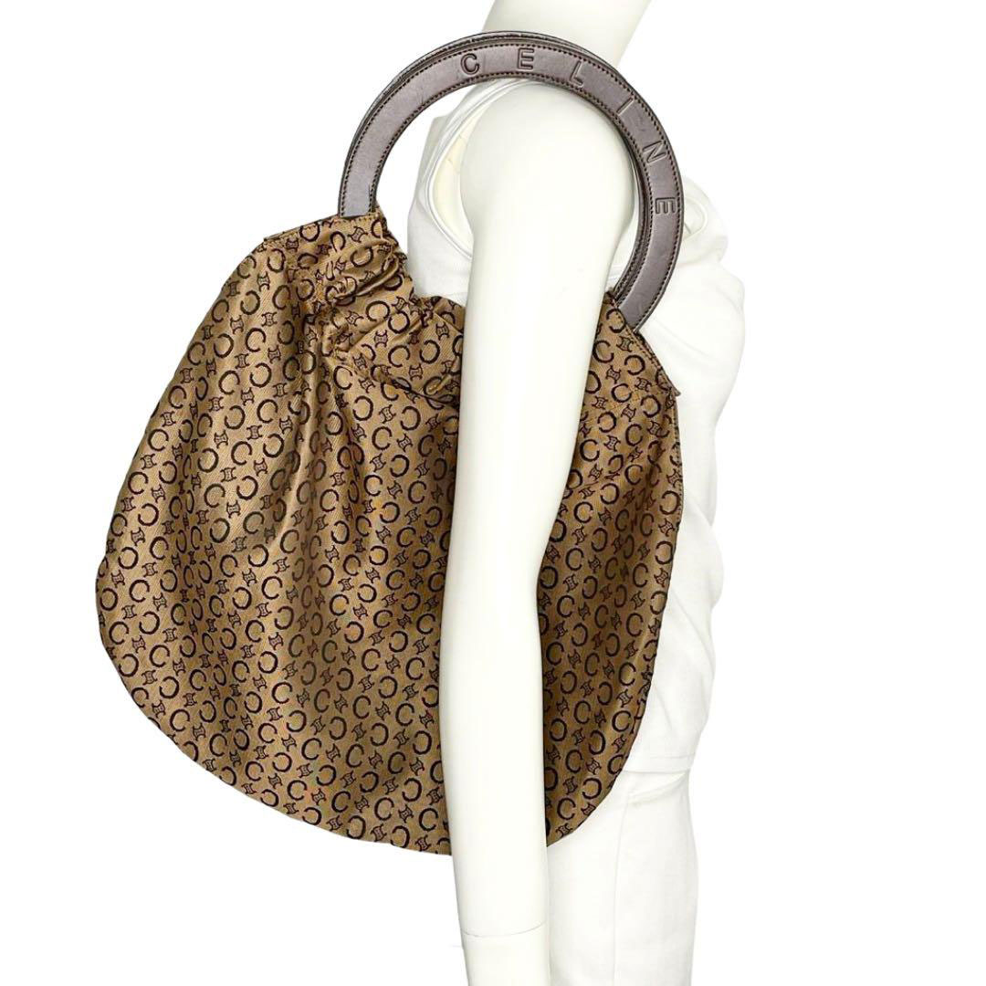 CELINE セリーヌ レザーハンドルバッグ マカダム柄 キャンバス ブラウン系