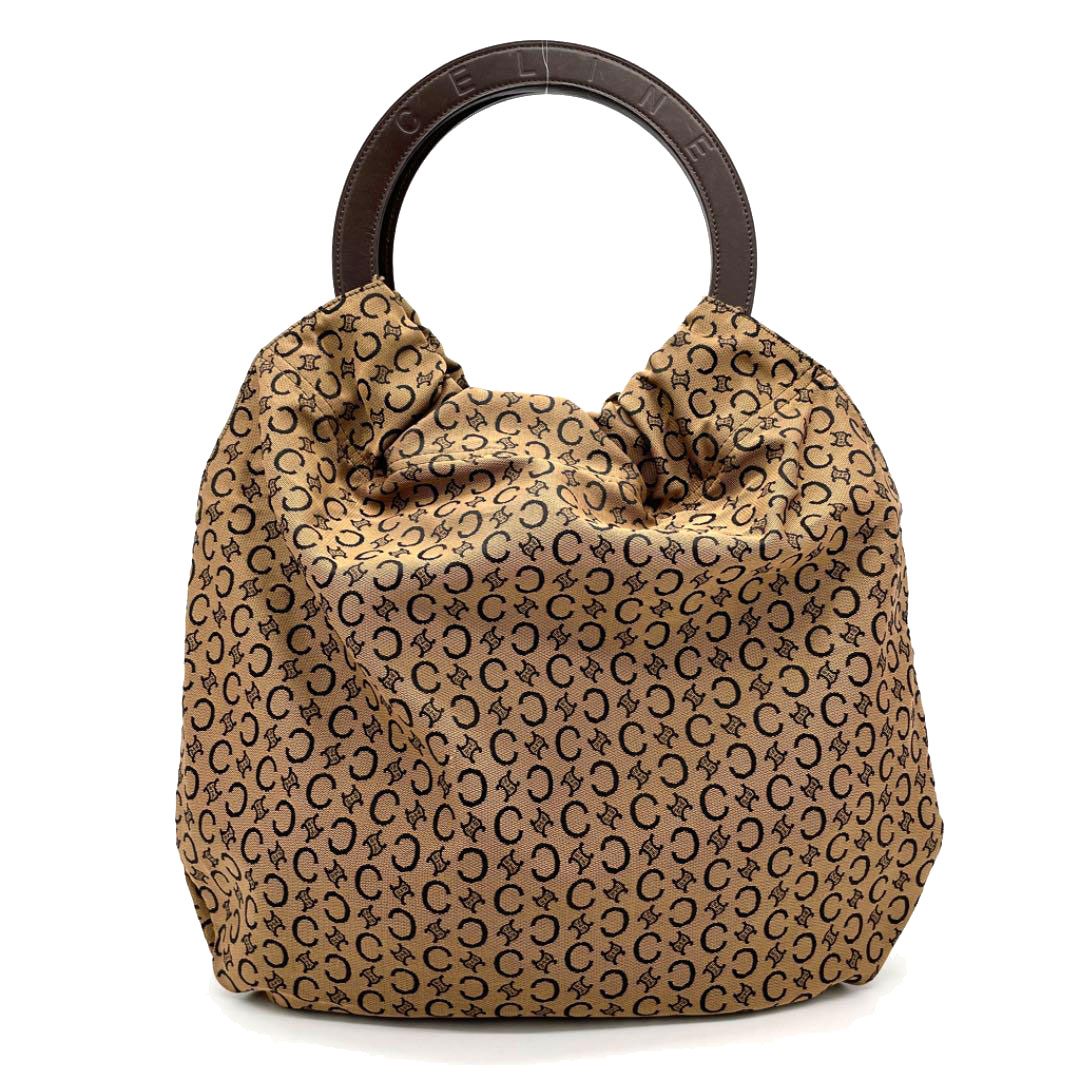 CELINE セリーヌ レザーハンドルバッグ マカダム柄 キャンバス ブラウン系