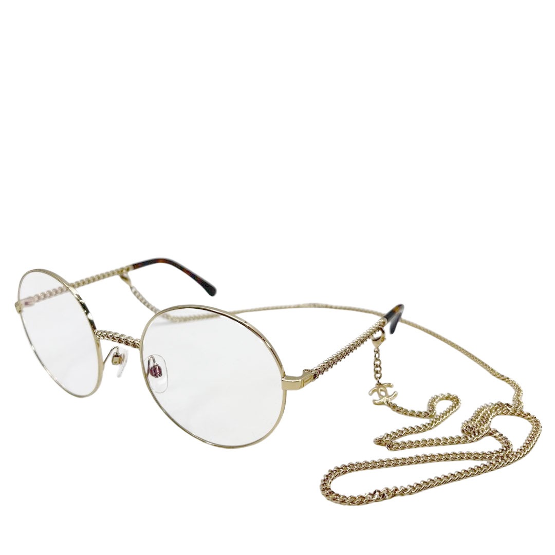 CHANEL シャネル ラウンドメガネ メタル  チェーン付き 53□21 シャンパンゴールド/ブラウン 2186