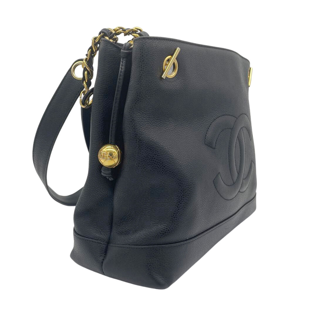 CHANEL シャネル ショルダーバッグ ココマーク キャビアスキン ブラック ゴールド金具 シール剥がれ跡あり