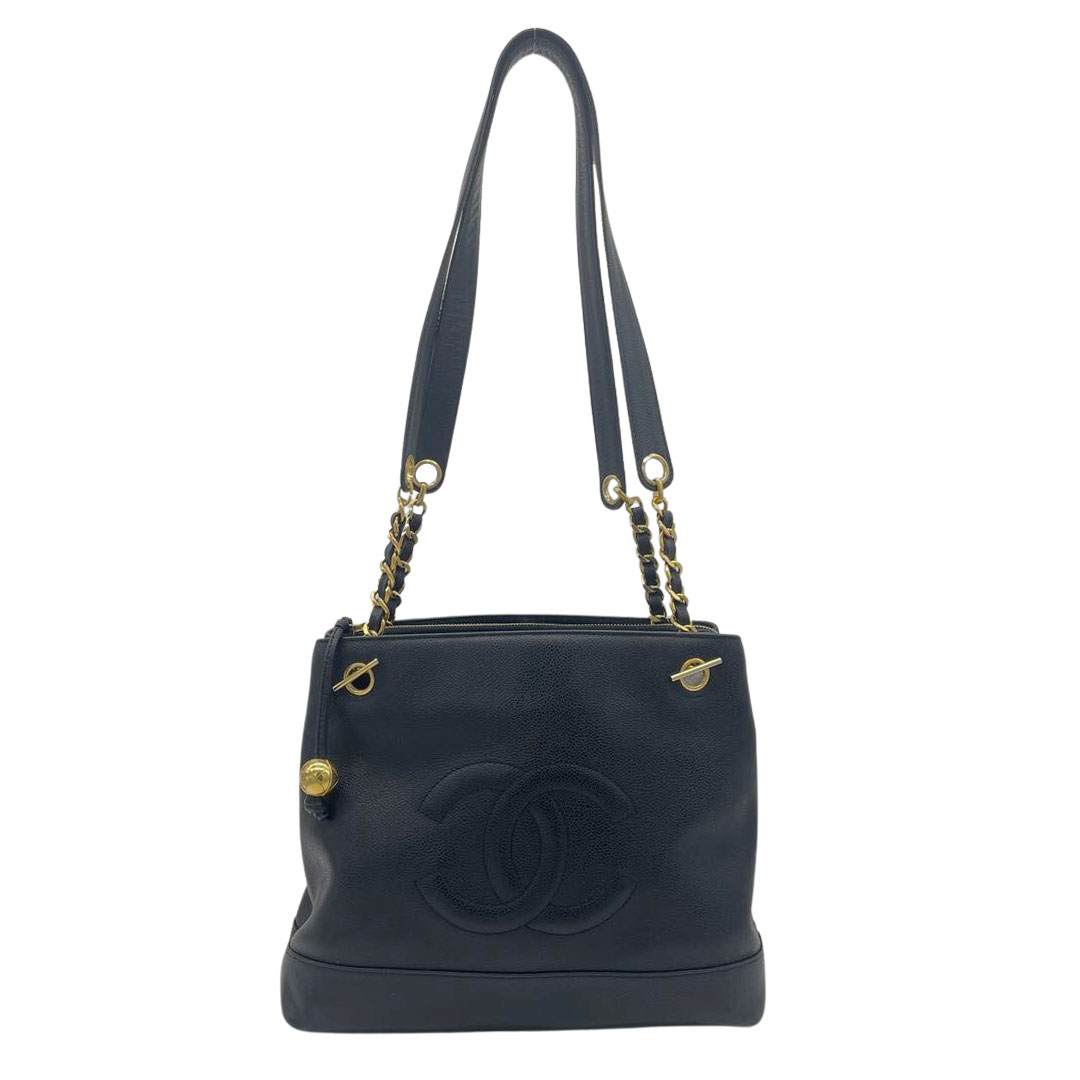 CHANEL シャネル ショルダーバッグ ココマーク キャビアスキン ブラック ゴールド金具 シール剥がれ跡あり