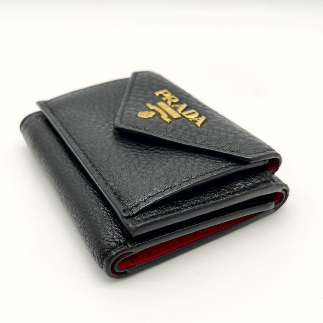 PRADA プラダ 3つ折り コンパクト財布 ミニウォレット レザー ブラック レッド 1MH021