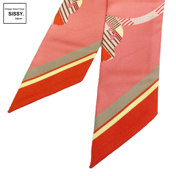 ■エルメス■ ツイリー スカーフ「CAVALCADOUR」シルク ピンク/オレンジ系マルチカラー 【HERMES】