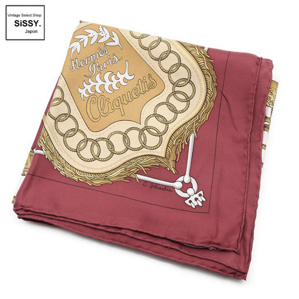 □エルメス□ スカーフ カレ90 「CLIQUETIS」 シルク ボルドー マルチ