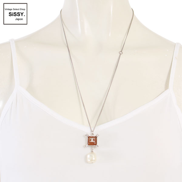 ■シャネル■ ロングネックレス フェイクパール ラインストーン レジン シルバー ホワイト ブラウン B14S 【CHANEL】